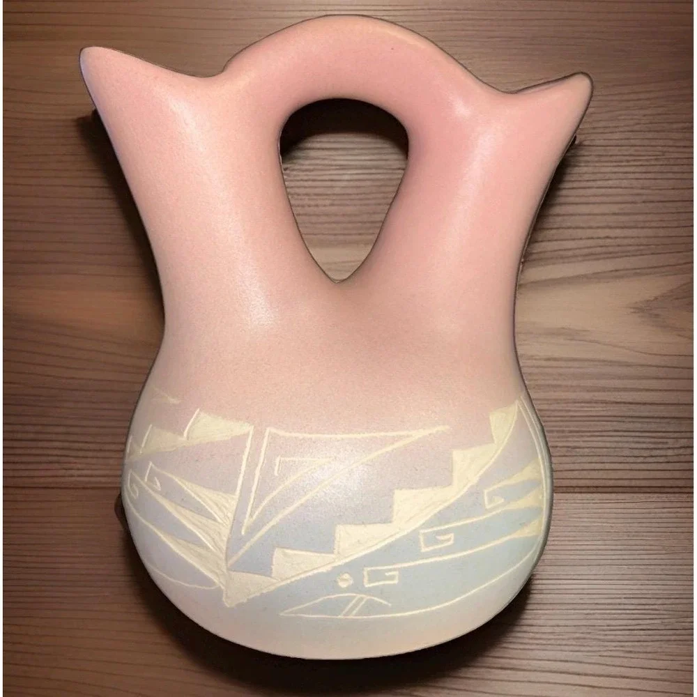 Vintage Signed Arlene Navajo Pink Etched Native American Wedding Vase Pottery